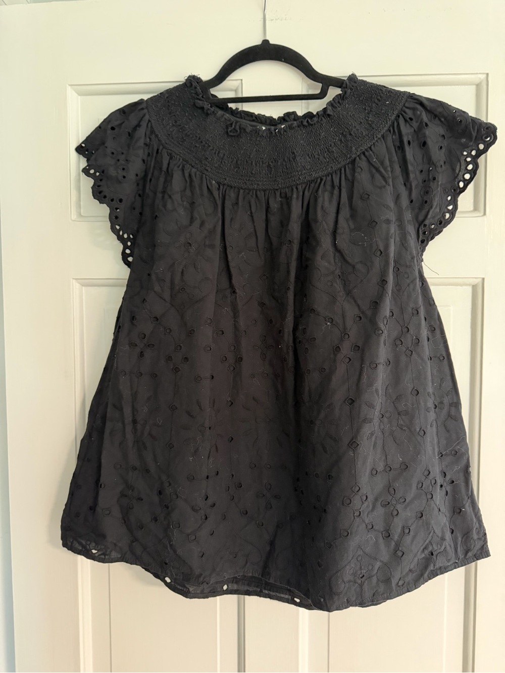 LOFT Black Eyelet Smocked Yoke Blouse
